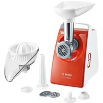 Мясорубка Bosch MFW3630I белый/ оранжевый (1600 Вт; скоростей -1; насадки: для колбас/ кеббе/ соковыжималка; 1.9 кг/ мин)