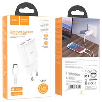 СЗУ HOCO C88A Star (2xUSB, 2.4А, белый) + кабель Type-C