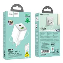 СЗУ HOCO N41 Almighty (1xUSB, 1xType-C, 3А, PD20W, белый) + кабель Lightning