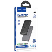 Внешний аккумулятор 5000mAh HOCO Q26A Joy, магнит, беспроводная зарядка, индикатор заряда, металл, темно серый