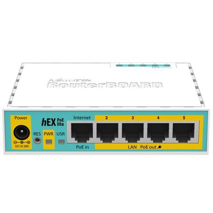 Маршрутизатор: Mikrotik hEX PoE lite (Замена RB750UP) [5х10/ 100 Мбит/ с Fast Ethernet 8P8C (RJ45), PoE: от 6 до 30 В, джек: от 10 до 28 В, Level 4)