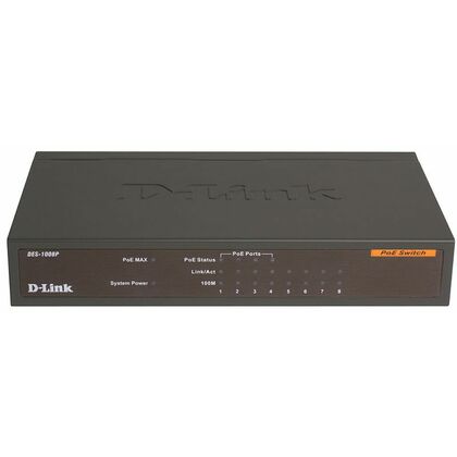 Неуправляемый коммутатор 08 портов: D-link DES-1008P (8x10/ 100Base-TX, 4 POE порта 15,4Вт, бюджет POE 52Вт)