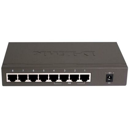 Неуправляемый коммутатор 08 портов: D-link DES-1008P (8x10/ 100Base-TX, 4 POE порта 15,4Вт, бюджет POE 52Вт)