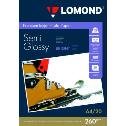 Фотобумага Lomond Полуглянцевая, ярко-белая, микропористая, А4, 260 г/ м2, 20л, для струйной (1103301)