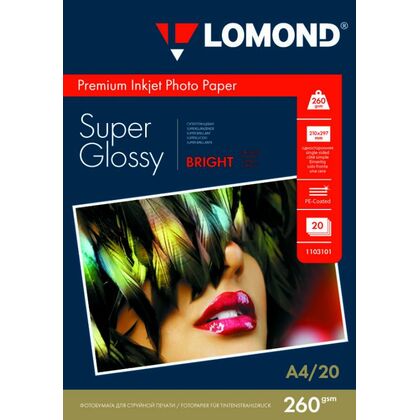 Фотобумага Lomond Суперглянцевая, ярко-белая, микропористая, А4, 260 г/ м2, 20 л, для струйной (1103101)