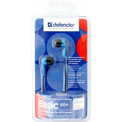 Наушники-вкладыши Defender Basic-604 mini jack 3.5 mm, черный/ синий (63608)