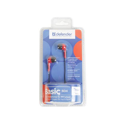 Наушники-вкладыши Defender Basic-604 mini jack 3.5 mm, черный/ красный (63605)