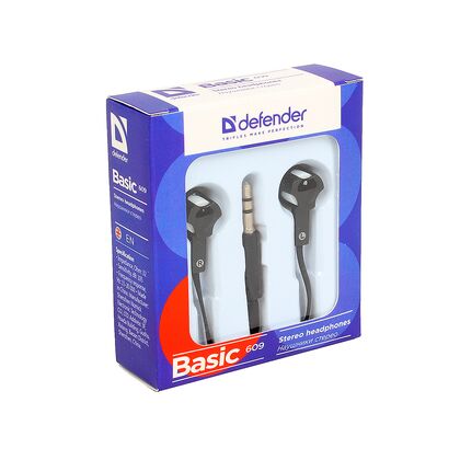 Наушники-вкладыши Defender Basic-609 mini jack 3.5 mm, черный/ белый (63609)