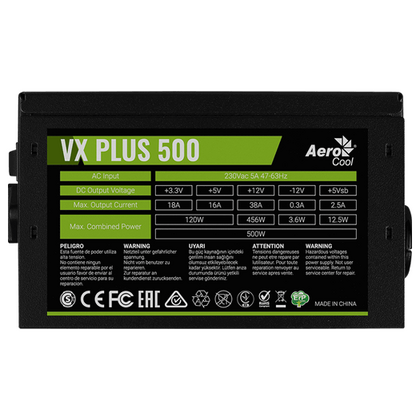 Блок питания 500 Вт AeroCool VX Plus 500W (20+4 pin,1*6+2pin, 3*Molex, 3*Sata, 120 мм)