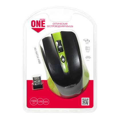 Мышь Smartbuy SBM-352AG-GK оптическая, беспроводная, USB, черный/ зеленый (SBM-352AG-GK)
