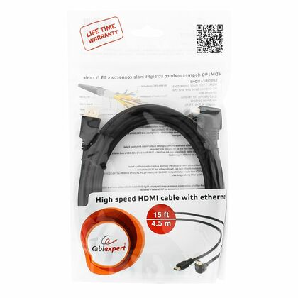 Кабель HDMI 4.5м Gembird/ Cablexpert v1.4 черный, позол. разъемы, угол 90*, экран, пакет (CC-HDMI490-15)