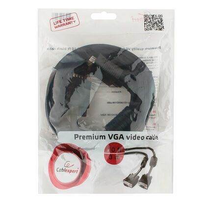 Кабель VGA 3м Gembird/ Cablexpert черный, тройной экран, феррит. кольца, пакет (CC-PPVGA-10-B)