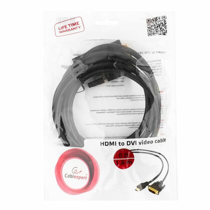 Кабель HDMI- DVI 1.8м Gembird/ Cablexpert черный, позол. разъемы, экран, пакет (CC-HDMI-DVI-6)