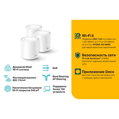 Wi-Fi Mesh система: TP-Link Deco X20(3-pack) (2.4+5 ГГц, 1хWAN, 5 ГГц 1201 Мбит/ с, 2,4 ГГц 574 Мбит/ с)