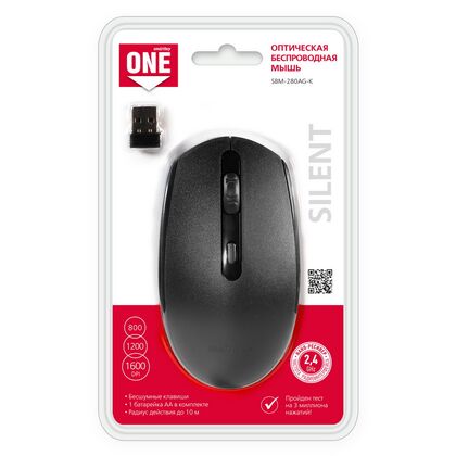 Мышь Smartbuy ONE 280AG оптическая, беспроводная, USB, офисная, бесшумный клик, черный  (SBM-280AG-K)