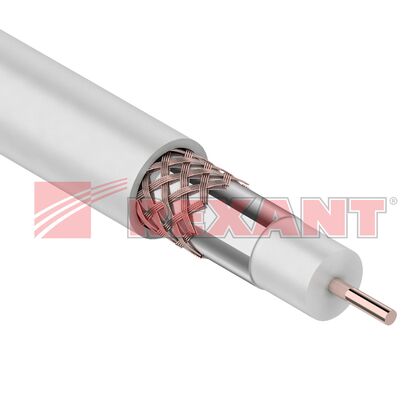 Кабель коаксиальный RG-6U, CU, 64%, 75 Ом, внутренний, бухта 100м., белый Rexant (01-2221)