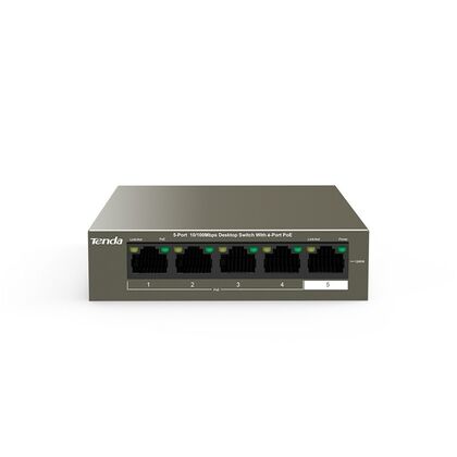 Неуправляемый POE-коммутатор 05 портов: Tenda TEF1105P-4-63W (5x10/ 100Мбит/ с;4xPOE ; PoE‑бюджет 58 Вт) корпус - металл
