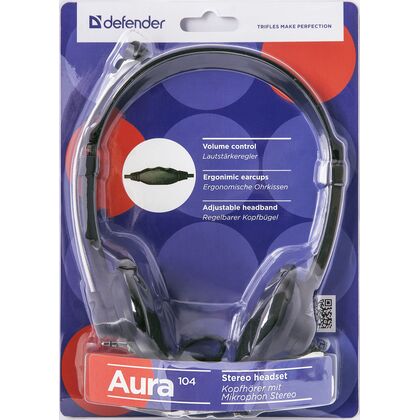 Проводные наушники накладная Defender Aura 104 с микрофоном, jack 3.5 mm, черный (63104)