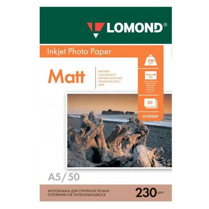 Фотобумага Lomond Photo Paper, односторонняя, матовая, А5, (210x148 мм) 230 гр/ м2, 50л (0102069) для струйной печати