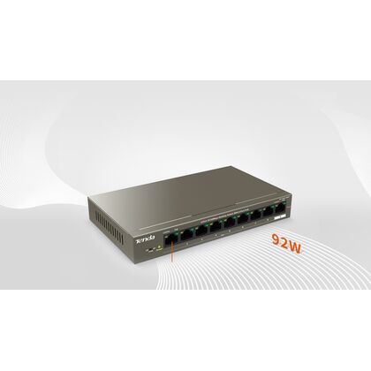 Неуправляемый POE-коммутатор 08 портов: Tenda TEG1109P-8-102W ( 8x1Гбит/ с;8xPOE ; PoE‑бюджет 92 Вт) корпус - металл