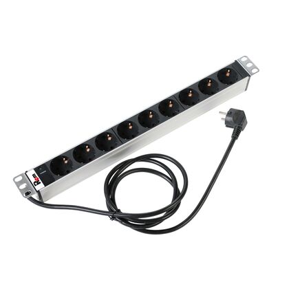 Блок розеток 19", 1U, в стойку, 9xSchuco, 220V, 16А, металлический корпус, шнур 3 м. вилка (R-16-9S-I-440-3)
