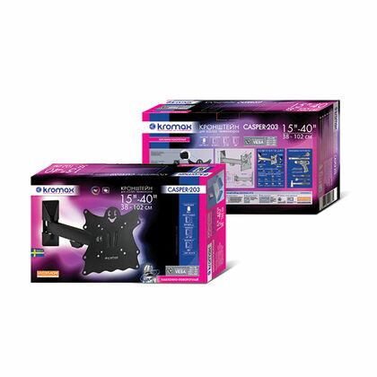 Крепление для ТВ наклонно-поворотное 20"-43" Kromax  нагрузка max 30 кг, наклон -5°/ +15°, поворот 180°, от стены 57-307 мм , чёрный (CASPER-203)