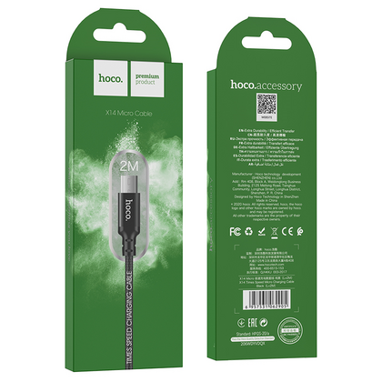 Кабель USB HOCO X14m Times speed (MicroUSB, 2м, плетеный, Черный)