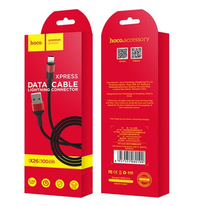 Кабель USB HOCO X26i Xpress (Lightning, 1м, плетеный, Черно-красный)