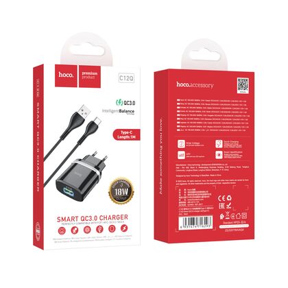 Сетевое зарядное устройство HOCO C12Q (1xUSB, 3А+Type-C.Черный)