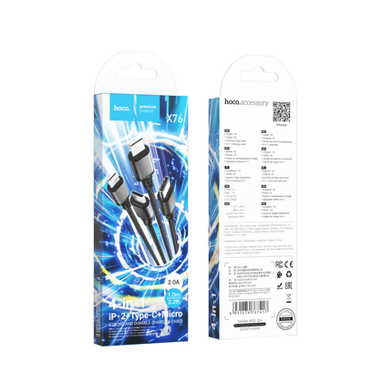 Кабель USB HOCO X76 4-in-1 Super (TypeC/ LightningX2/ MicroUSB, 1м, плетеный, Черный)