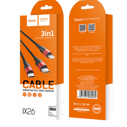 Кабель USB HOCO X26 Xpress (Type-C/ Lightning/ MicroUSB, 1м, плетеный, Черно-красный)