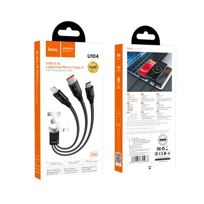 Кабель USB HOCO U104 3-in-1 Ultra 6A (Type-C/ Lightning/ USB, 1.2м, плетеный, Черный)