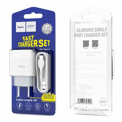 Сетевое зарядное устройство HOCO C72A Glorious (1xUSB, 2.1A+Type-C.Белый)