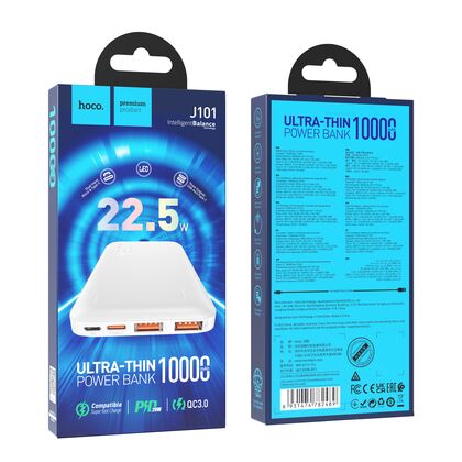 Внешний аккумулятор HOCO J101 Astute 10000mAh, USB 2A x2, USB 18W x1, Type-C PD20 x1, QC3.0, индикатор заряда, пластик, белый