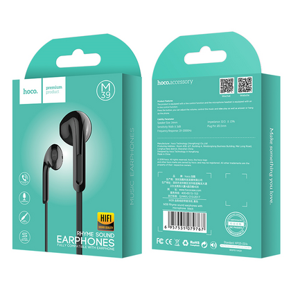 Проводные наушники HOCO M39 Rhyme, jack 3.5 mm, микрофон, внутриканальные, черный (6957531079767)