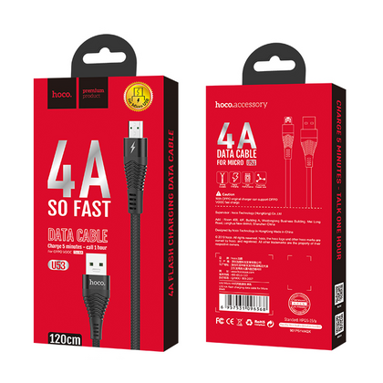 Кабель USB HOCO U53m 4А Flash (MicroUSB, 1.2м, плетеный, Черный)