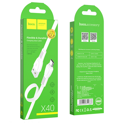 Кабель USB HOCO X40m Noah (MicroUSB, 1м, пластик плоский, Белый)