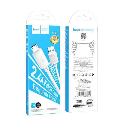 Кабель USB HOCO X88m Gratified (MicroUSB, 1м, пластик, Белый)