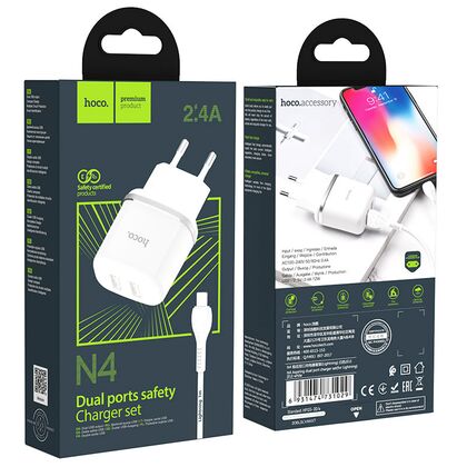 СЗУ HOCO N4 Aspiring (2xUSB, 2.4А, белый) + кабель Lightning