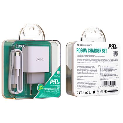 СЗУ HOCO C76A Plus (1xType-C, 3А PD20W, белый) + кабель Lightning