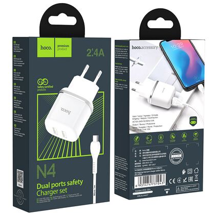 СЗУ HOCO N4 Aspiring (2xUSB, 2.4А, белый) + кабель micro-USB
