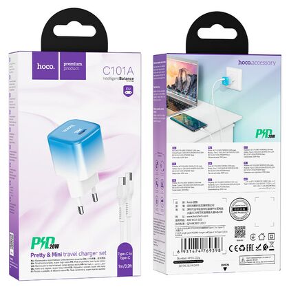 СЗУ HOCO C101A (1xType-C, 3А PD20W, белый/ голубой) + кабель Type-C