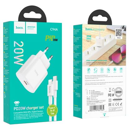 СЗУ HOCO C94A Metro (1xType-C,  PD20W, белый) + кабель Lightning