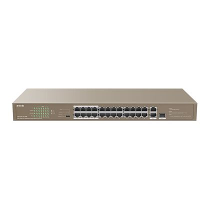 Неуправляемый POE-коммутатор 26 портов Tenda TEF1126P-24-250W ( 24x100Мбит/ с 2x1Гбит/ с, 1хRJ45/ SFP, 24xPOE, PoE‑бюджет 230 Вт) корпус - металл