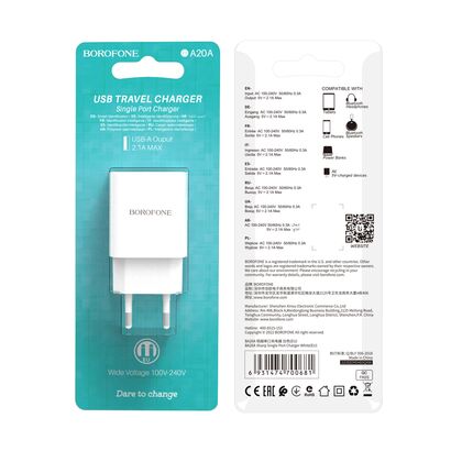 СЗУ Borofone BA20A Sharp (1xUSB, 2.1A, белый)