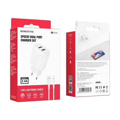 СЗУ Borofone BA37A Speedy (2xUSB, 2.4А, белый) + кабель Lightning