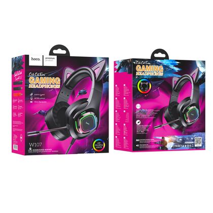 Проводные наушники HOCO W107 Cute, jack 3.5 mm, USB, микрофон, накладные, черный/ розовый (6931474791252)