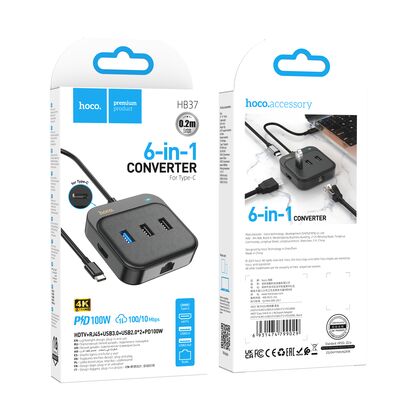 Хаб HOCO HB37 Easy link 6-в-1 (HDTV+RJ45+USB3.0+USB2.0*2+PD100W)