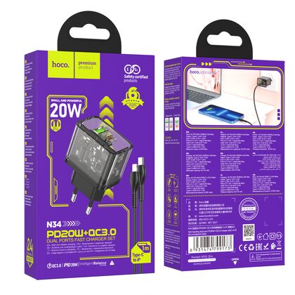 СЗУ HOCO N34 Dazzling (1xUSB, 1xType-C, 3А PD20W, черный) + кабель Lightning