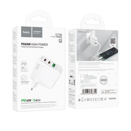 СЗУ HOCO C115A Header (1xUSB, 2xType-C, 3А PD20W, белый)